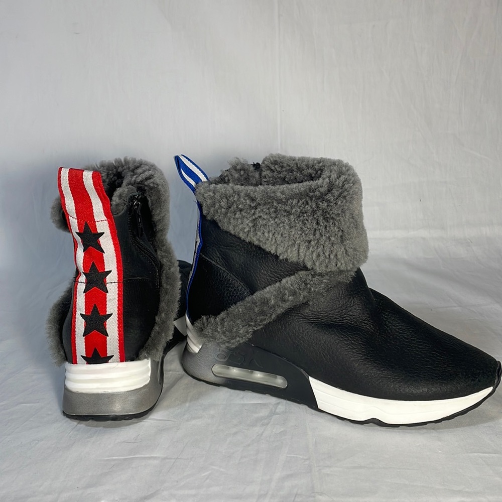 ASH LAIKA Black Leather Sherpa Fur Shearling Lined High Top Sneaker Boots Stars
